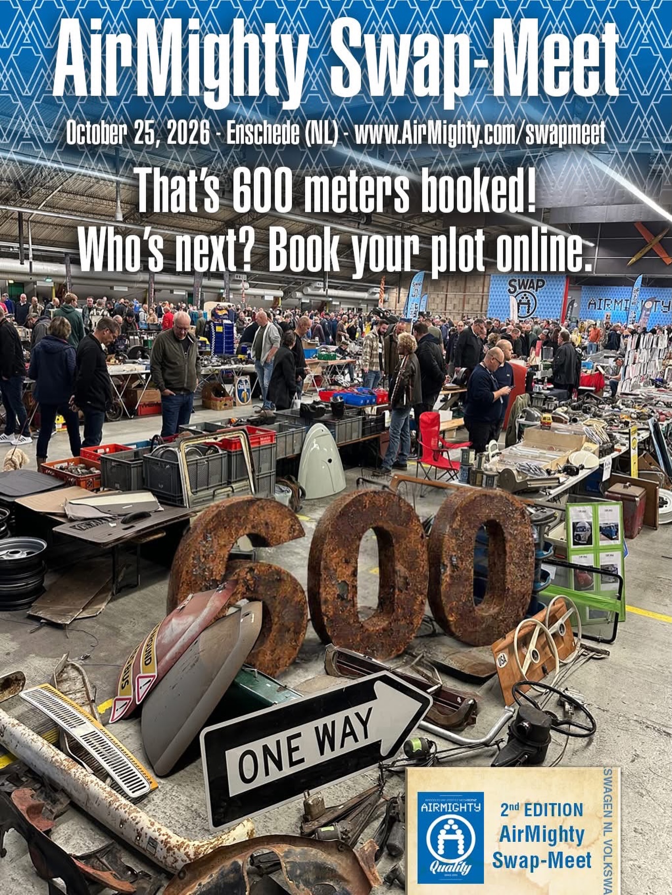 That’s 600 metres of traders already booked in!
Want to join the lineup? Secure your plot online now and be part of the action.
Looking for rare parts, vintage treasures or that missing piece for your build?
Come down and score your finds on Sunday, 25 October 2026 — it’s going to be packed with air‑cooled VW goodness, great people and loads of deals!
👉 Trader sign‑ups & visitor info: AirMighty.com/swapmeet