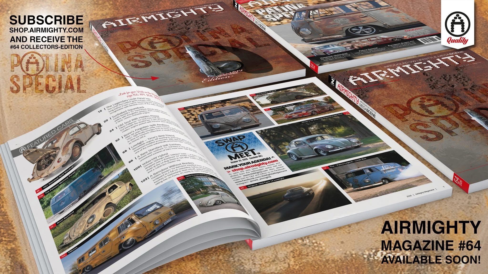 We received great news! The new AirMighty Magazine #64 – Patina Special will arrive at our HQ this Friday. If you’d like to receive the Limited Edition – Collectors Cover, be sure to subscribe NOW, as we’ll start shipping them out as soon as they arrive!
Its a big one; 220 pages, 1.7cm thick, 15 car articles, the best EU show reports… Yes, this one will be a banger 💥 literally on your doorstep! - link in profile